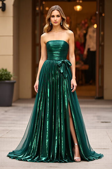 Glitter Dark Green A Ligne Sans Bretelles Ruché Robe de Bal Avec Fente